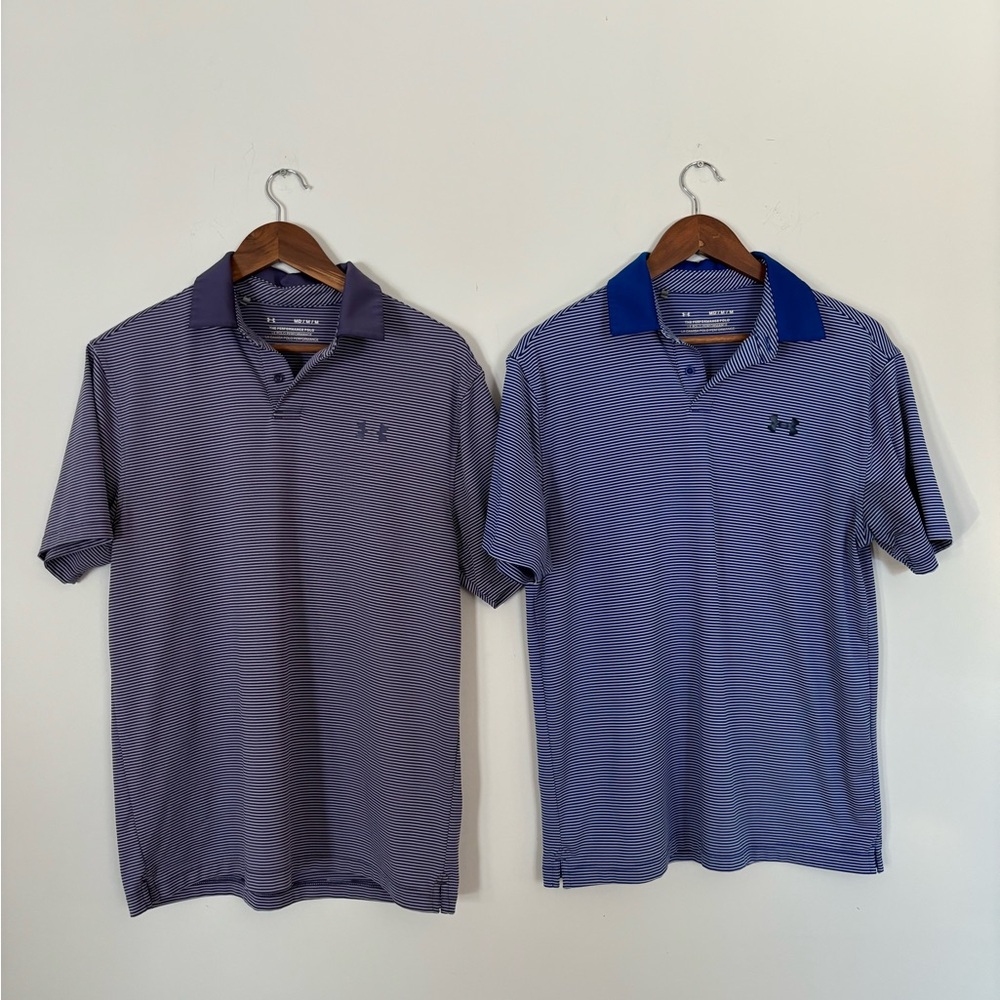 Under Armour Men's golf Shirts Purple and Blue stripes set medium
